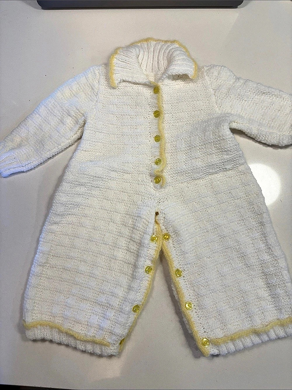 Vintage Knit Collared Baby Onesie in White & Yellow